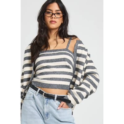 boohoo Dames Super Zachte Gestreepte Gebreide Boxy Fit Cardigan en Gebreide Crop Top 2-Delige Set | Grijs | Maat: Small