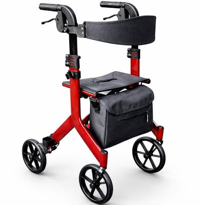Rollator Lichtgewicht Opvouwbaar – MoveLite Comfort – 6,5 kg – Grote Wielen 25 cm – Weggewerkte Remkabels – Binnen & Buiten – Verstelbaar – Inclusief Tas & Stokhouder – Rood