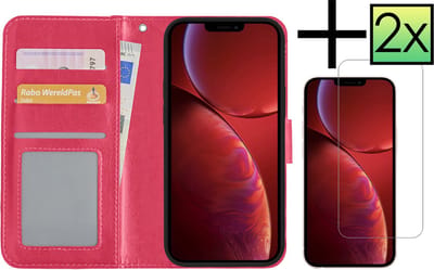 Hoesje - Met 2x Screenprotector - Geschikt voor Apple iPhone 14 - Luxe Pasjeshouder - Bookcase Portemonee - Flip Case - Kunstleer Book Case - Flipcase Hoes - Book Cover - Walletcase - Portemonneehoes - Donkerroze