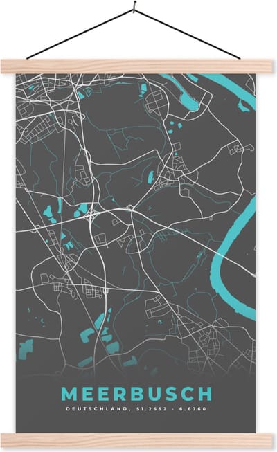 Posterhanger incl. Poster 60x90 cm - Schoolplaat - Blauw – Duitsland – Plattegrond – Stadskaart – Kaart – Meerbusch - Textielposter - Blanke latten - Stadskaart