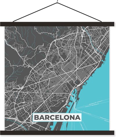Posterhanger incl. Poster 60x60 cm - Schoolplaat - Barcelona - Blauw - Kaart - Plattegrond - Stadskaart - Textielposter - Zwarte latten - Stadskaart