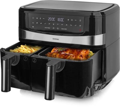 Blokker Dubbele Heteluchtfriteuse - Airfryer - 2400W - 6L+4L - Digitaal display - Regelbare thermostaat - Dual zone & cook - Sync finish - Opwarmfunctie - Cool touch - Timer - Akoestisch alarm - Droogfunctie - Anti-aanbaklaag - AF-130278.1 Zwart