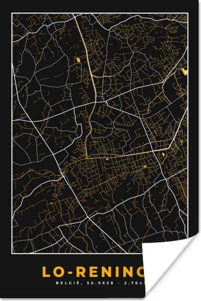 Poster Kaart - Lo-Reninge - Zwart - Stadskaart - Plattegrond - 120x180 cm XXL