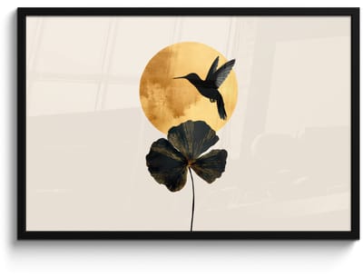 Poster in lijst - Fotolijst 90x60 cm - Posters - Zwarte kolibrie - Bloem - Gouden cirkel - Posterlijst zwart - Decoratie - Wanddecoratie woonkamer - Muurdecoratie slaapkamer