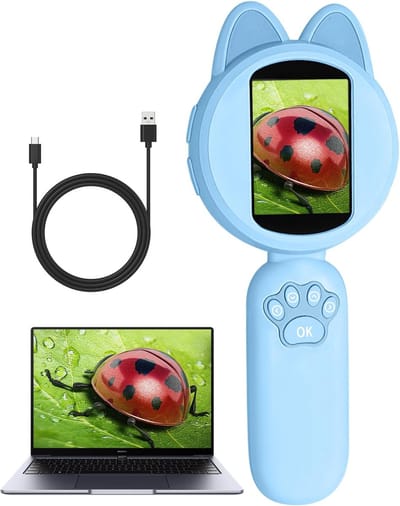 Elektronisch vergrootglas – Draagbare minimicroscoop – Speelgoedvergrootglas – Vergrootglas voor wetenschap en STEM-onderwijs – Educatief speelgoed voor jongens en meisjes van 4-12 jaar – Blauw – Met LED-verlichting