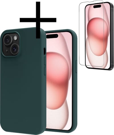 Hoesje - Met Screenprotector - Geschikt voor Apple iPhone 15 - Sterk & Shockproof - Back Cover - Siliconen Case - Telefoon Hoes - Donkergroen