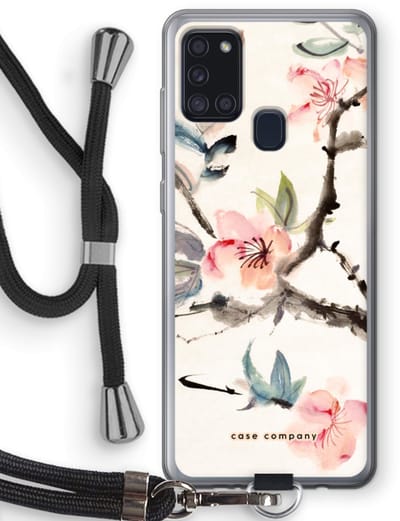 Case Company® - Hoesje met koord geschikt voor Samsung Galaxy A21s hoesje met Koord - Japanse bloemen - Telefoonhoesje met Zwart Koord - Bescherming aan alle Kanten en Over de Schermrand