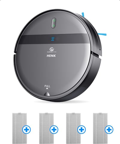 CleanWise Henk Robotstofzuiger + 4 filters – Nederlands Product – Voor Huisdieren – Met Dweilfunctie & Laadstation – Dweilrobot – 4500 Pa – HEPA 14 – Ultra dun 7,4 cm – App & Spraakbediening – Voor Huisdierharen, Harde Vloeren & Tapijt