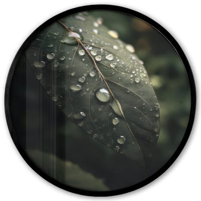 Poster in lijst Rond - Fotolijst 40x40 cm - Posters - Blad - Groen - Nerven - Regendruppels - Ronde posterlijst zwart - Decoratie - Wanddecoratie woonkamer - Muurdecoratie slaapkamer
