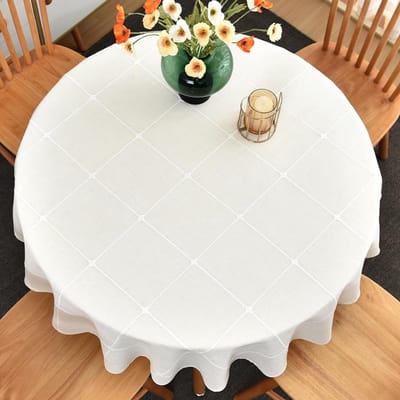 Candala Linnen tafelkleed, afwasbaar, wit, linnenlook, tafelkleed, katoen, party, tafelkleed, rond, voor keuken, tafelkleed, buiten (wit, 135 cm)