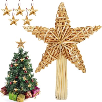 Decoratieve Ster voor de Kerstboom van Stro - 20 x 30.5 cm met 5 Sterren van 5 cm - Natuurlijke Kerstboomversiering voor een Feestelijke Sfeer