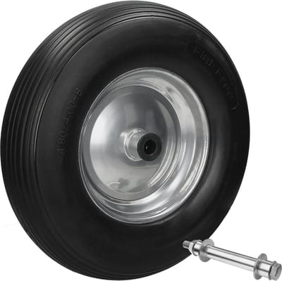 Kruiwagenwiel 390 mm 4.80/4.00-8 met as, gestreept profiel, zwart, van PU-massief rubber