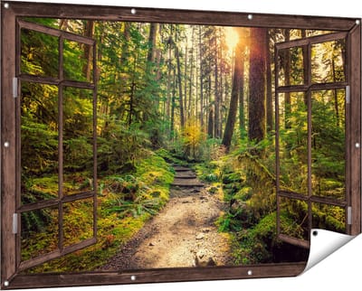 Gards Tuinposter Doorkijk Voetpad in het Bos - 150x100 cm - Tuindoek - Tuindecoratie - Wanddecoratie buiten - Tuinschilderij
