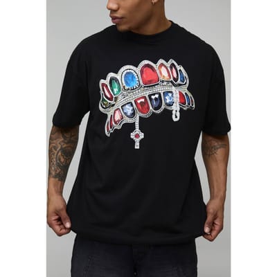 Oversized T-Shirt met Diamant Print | Black | Size XS