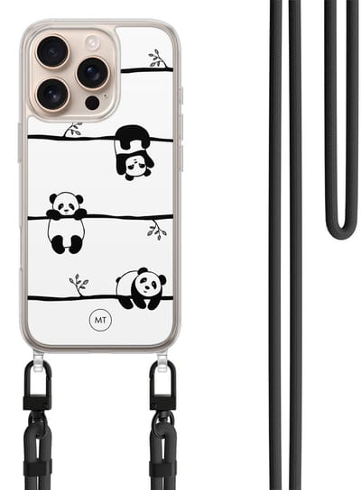 Hoesje met koord geschikt voor iPhone 16 Pro Max - Panda - Inclusief zwart koord - Crossbody beschermhoes - Transparant, Zwart, Wit - Mooie Telefoonhoesjes