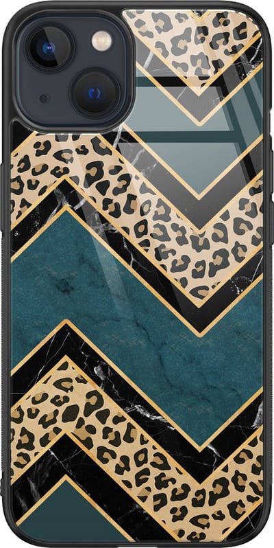 Hoesje geschikt voor iPhone 13 - Luipaard zigzag - Luxe Glazen Hardcase - Luipaardprint - Multi - Leuke Telefoonhoesjes