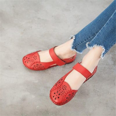 Holle lederen ademende zachte platte sandalen zomer damesschoenen vrouw casual effen gesp dames sandalen 39