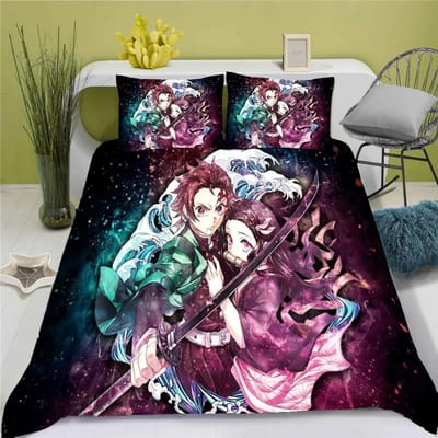 Demon Slayer Kimetsu No Yaiba Cartoon Dekbedovertrek met print, ademend beddengoed, op maat gemaakt voor babykamer, jongenskamer AU Single 140x210cm