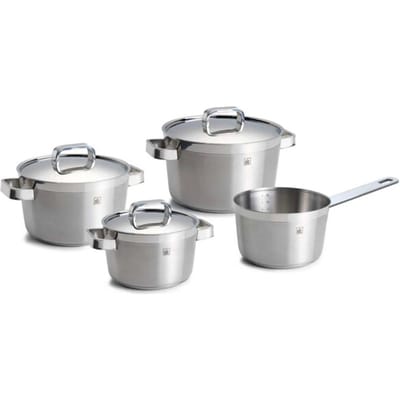 BK Conical Profi Pannenset 4-delig - 16/18/20cm - 0.9/1.5/2/3L - Zonder PFAS-vrije antikleeflaag - Pannenset inductie - RVS kookpan - Ovenbestendig tot 230°C - Met deksel - Zilver