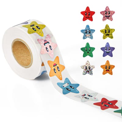 Allecto - Lachende Sterstickers - Aanmoedigingsstickers - Glittersterstickers - Kleurrijk - Gedragsgrafiek - Perfect voor kinderen en klaslokalen