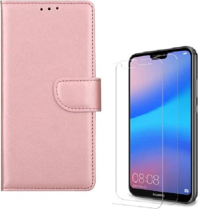 hoesje Geschikt voor: Huawei P20 Lite (2018) Portemonnee Rose Goud met 2 stuks Glas Screen protector