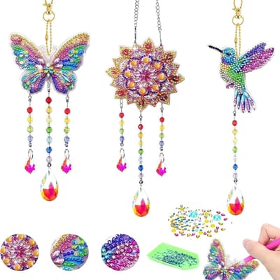 Hanging wind chimes set met 3 stuks, diamant schilderen zonvanger, creatief knutselpakket voor kinderen, cadeau-ideeën voor meisjes, vrolijke tuinaccessoires
