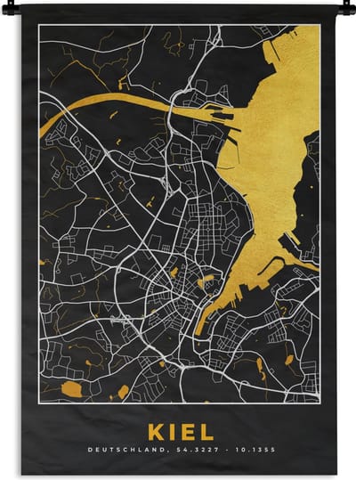 Wandkleed - Wanddoek - Kiel - Plattegrond - Stadskaart - Kaart - Goud - Duitsland - 120x180 cm - Wandtapijt