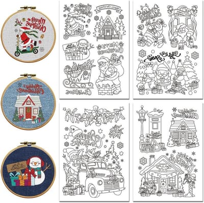 Wateroplosbare Borduurpatronen voor Beginners - 4 Bladen met Kerstscènes en 14 Patronen, Wasbare Stick and Stitch Borduurpapier voor Creatieve Vrouwen en Volwassenen