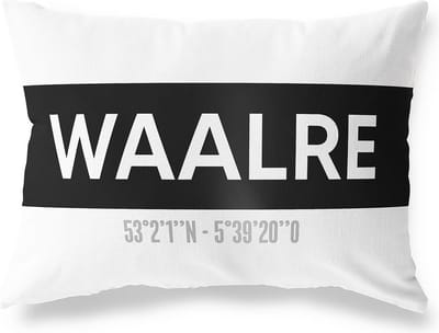 Tuinkussen WAALRE - NOORD-BRABANT met coördinaten - Buitenkussen - Bootkussen - Weerbestendig - Jouw Plaats - Studio216 - Modern - Zwart-Wit - 50x30cm