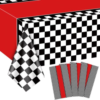 Racing Auto Tafellaken Set van 4, Zwart Geblokt Tafelkleed voor Kinderfeestje, 130x220cm, Feestdecoratie, Verjaardag, Auto Thema