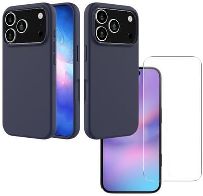 Shockproof Backcover - Liquid Silicone Soft Hoesje - Geschikt voor: iPhone 17 Pro - Middernachtblauw + 2x Screenprotector Beschermglas - Glasplaatje