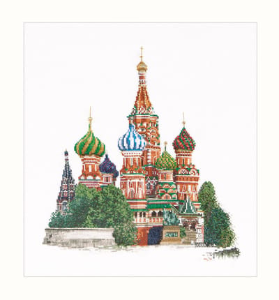 Thea Gouverneur - Borduurpakket met telpatroon - 513 - Voorgesorteerde DMC Garens - Kathedraal van de Voorbede van de Moeder Gods Moskou Rusland - Linnen - 34 cm x 37 cm - DIY Kit