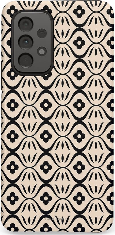 Casetastic hoesje geschikt voor Samsung Galaxy A53 (2022) 5G - Dubbellaagse bescherming - Retro crème-zwarte bloemenprint - Fashion Case - Crème Grijs Donkergrijs