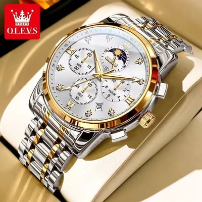 HO-3655.gz-z : OLEVS zilver/goudlkl edelstaal chronografisch quartz horloge, zilverwitte wijzerplaat, 2de tijdzone & uren & minuten & maanfase -aanduiding, diamant, zirkonia