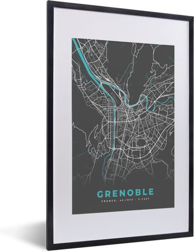 Fotolijst incl. Poster - Grenoble - Frankrijk - Plattegrond - Kaart - Stadskaart - 40x60 cm - Posterlijst