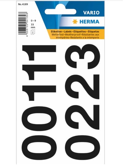 Herma Stickervel nummers - cijfers / getallen - 0 t/m 9 - 12x vellen - zwart - 33 mm - watervast