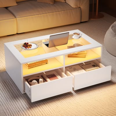 HAUSS SPOLE Salontafel - Glazen Salontafel Met LED En 2 Laden - Dubbel Laags Met Open Vakken Voor Woonkamer En Ontspanning - Gehard Glas En Spaanplaat - 100x50x35 cm - Wit