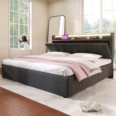 STILVORA Gestoffeerd Bed 160x200 cm - Bed Met Opbergruimte en Lades - USB Opladen en LED - Linnen - Grijs