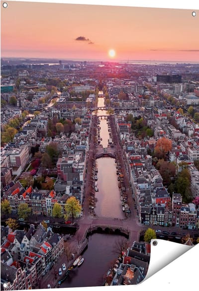 Gards Tuinposter Bovenaanzicht Amsterdam met Zonsondergang - 80x100 cm - Tuindoek - Tuindecoratie - Wanddecoratie buiten - Tuinschilderij