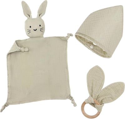 SnelShoppen - Babycadeau jongens meisjes pasgeborenen 3-delige cadeauset met knuffeldoek haas, bijtring hout en katoenen slabbetje - Geboortegeschenke