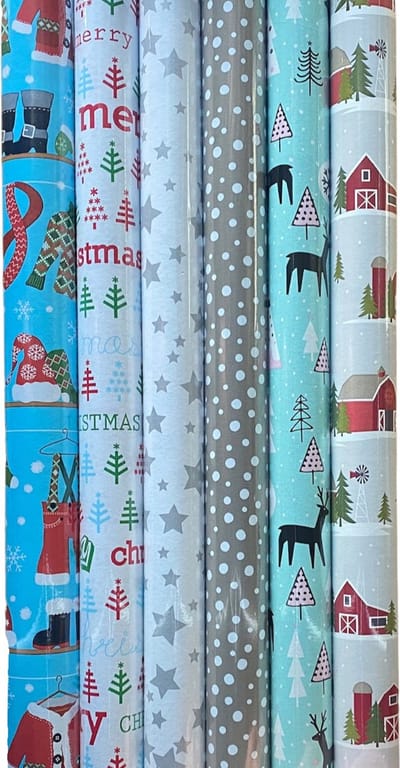FESTIVE GIFTS Inpakpapier - Cadeaupapier - 200 x 70cm - 6 rollen - Kerst - Luxe Cadeauverpakking - Kleurrijk