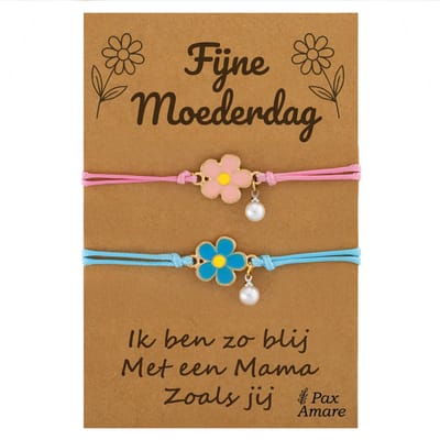 Moeder Kind Armbandjes voor 2 "Fijne Moederdag" - Bloemetjes - Vriendschapsarmbandjes met Persoonlijk Cadeau Kaartje - Blauw & Roze - Elastisch Verstelbaar - Pax Amare