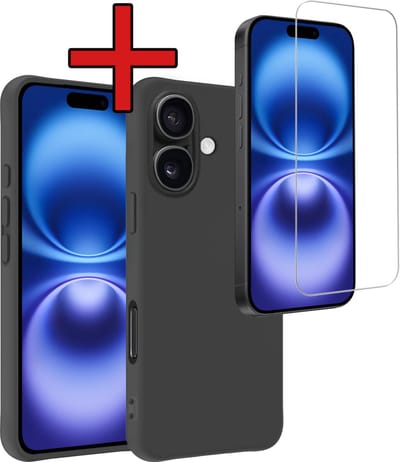 Hoesje - Met Screenprotector - Geschikt voor Apple iPhone 16 - Sterk & Shockproof - Telefoon Hoes - Back Cover - Siliconen Case - Telefoonhoes - Zwart