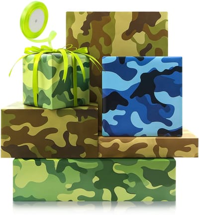 Dailygoods- Inpakpapier Army Camo - 4 Vellen 50 x 70 cm - Camouflage Cadeauverpakking - Geschikt voor Verjaardag - Perfect voor Jagers - Glad Ontwerp met Lint - Cadeaupapier