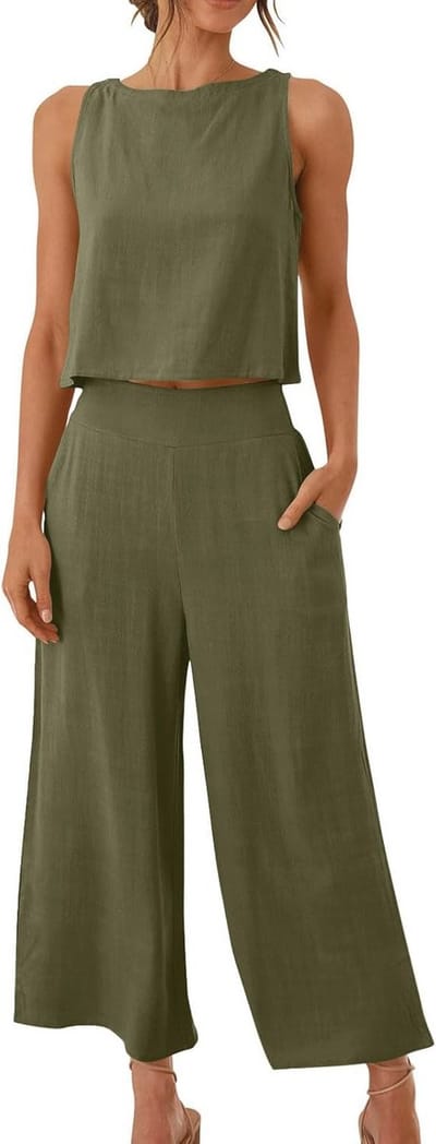 Mouwloze Croptop en Wijdbroek Set voor Dames - Ideaal als Zomerse Loungewear of Luchthavenoutfit in Effen Kleur
