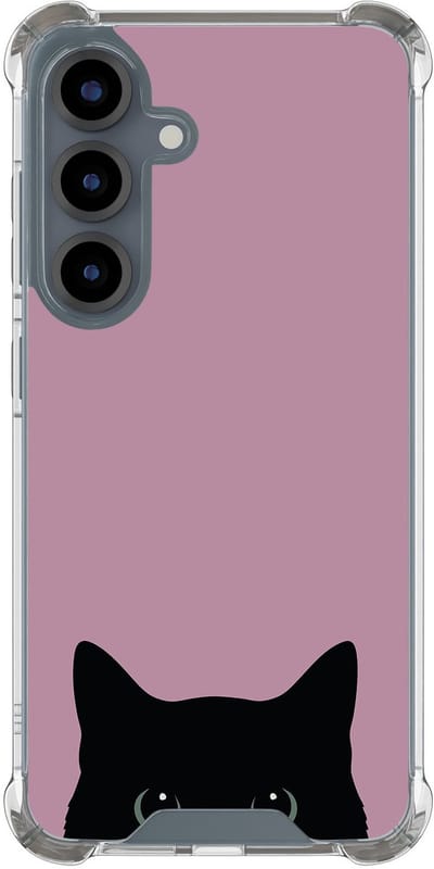 Hoesje (shockproof) geschikt voor Samsung Galaxy S25 - Zwarte kat - Extra sterke case - TPU/polycarbonaat - Print - Roze, Transparant