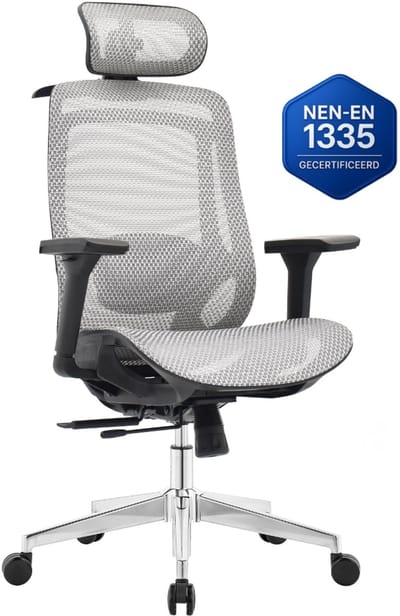 OfficeSense OS150 Ergonomische Bureaustoel – Mesh Office Chair – 4D Armleuningen – Verstelbare Zitdiepte – NEN1335 – Hoofdsteun – Grijs