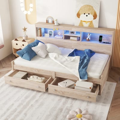 STILVORA Eenpersoonsbed 90x200 cm – Dagbed Slaapbank Met LED-Sfeerverlichting – 2 USB & 2 Laadpoorten, 2 Laden – Spaanplaat;MDF – Lichtbruin – Zonder Matras