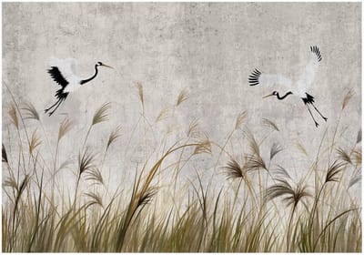 WALLARENA - Fotobehang - 150x105 cm - Fototapete met kraanvogels en pampasgras voor slaapkamer en woonkamer