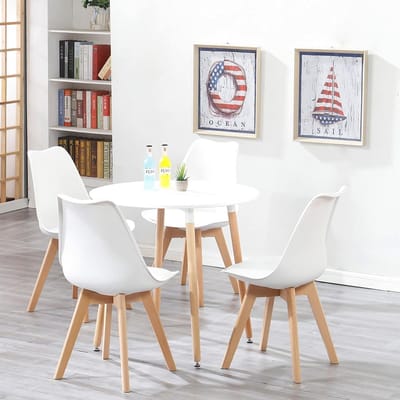Ronde eettafel 80 cm met 4 gestoffeerde eetkamerstoelen, Scandinavisch, ideaal voor keuken, woonkamer, eetkamer en kantoor (wit, 80 x 80 x 75 cm)